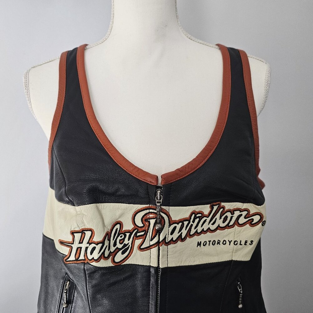 HARLEY DAVIDSON black VEST motorcycle GENUINE LEATHER pockets ZIPPER biker ORANG - Picture 2 of 15